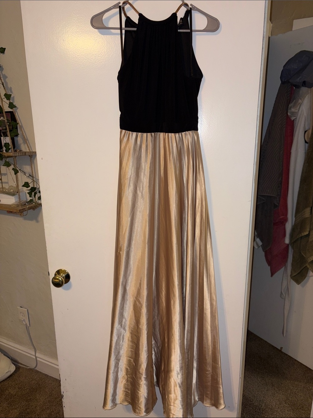 Xscape Black and Gold Satin Halter Maxi Dress